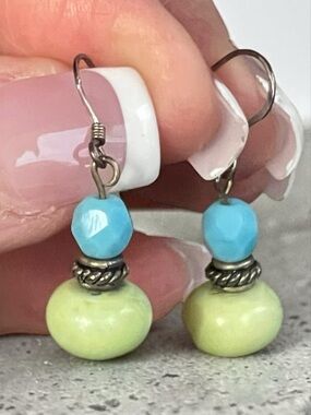 925 Silver Jadeite & Turquoise Color Bead Drop Earrings